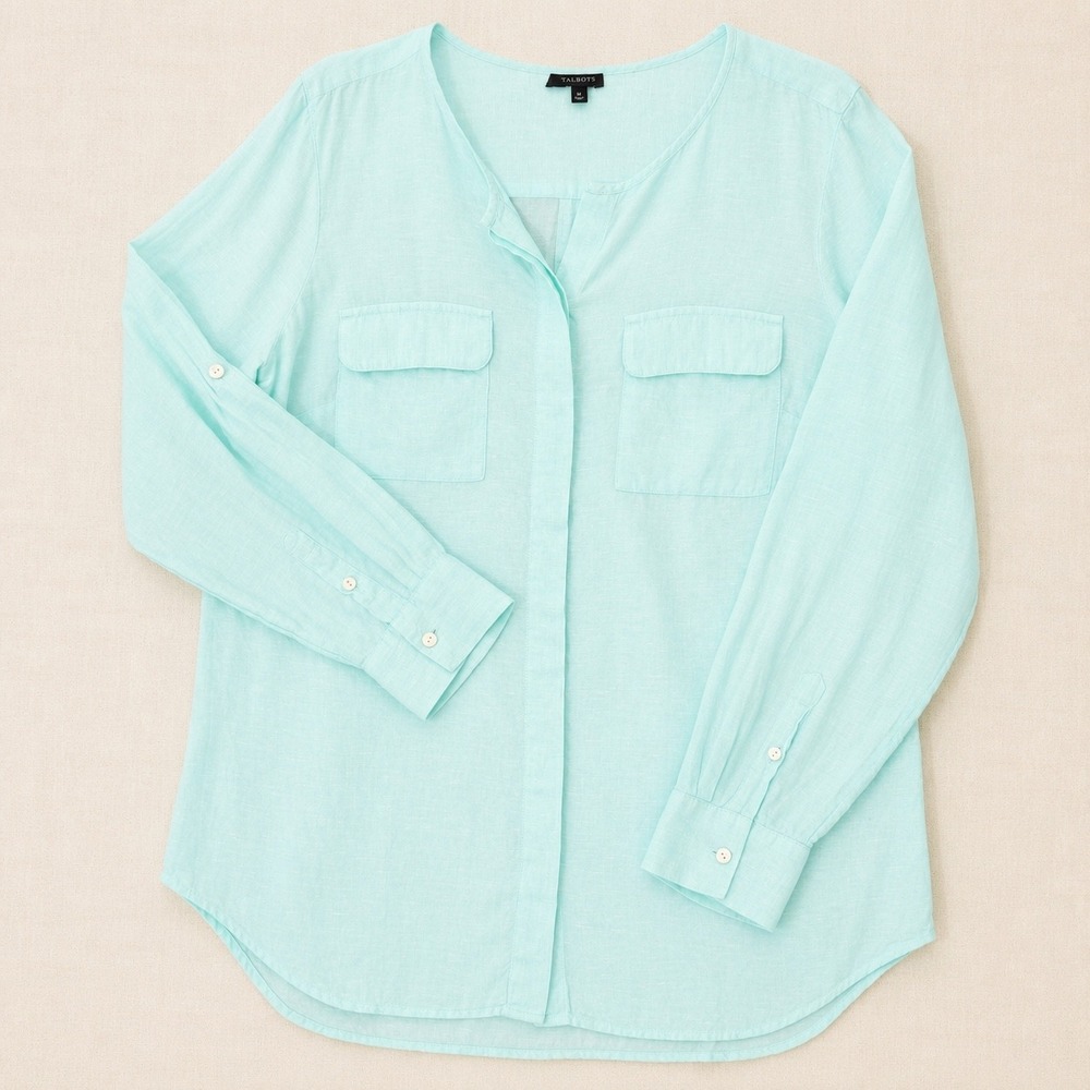 Talbots Linen Aqua Coastal Summer Camp Shirt (M) Long Sleeve Breathable Resort